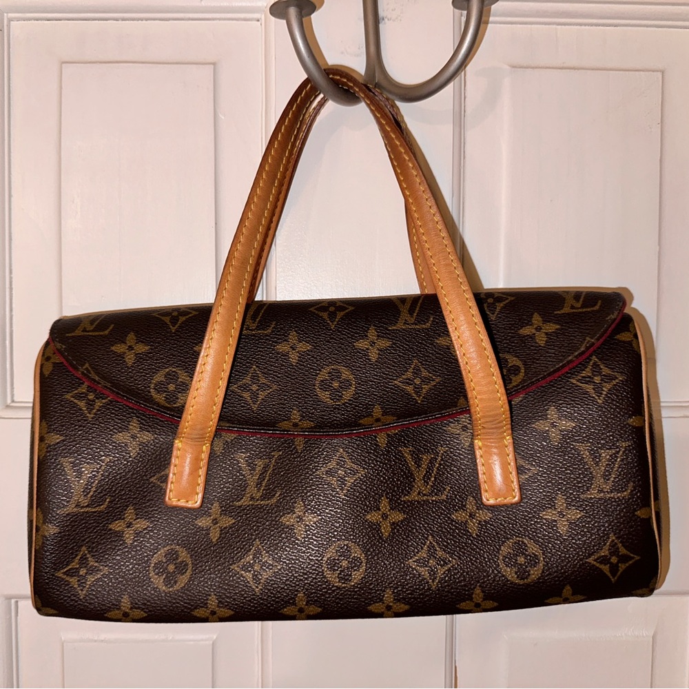 Louis Vuitton Monogram Mini Satchel in Brown with Tan Handles and Red Trim